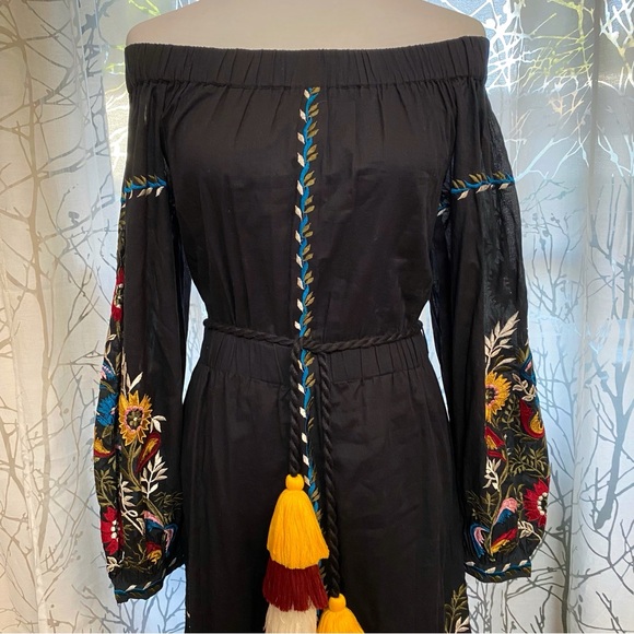 MISA black Seine Off the Shoulder floral Embroider long sleeve tassel belt Dress - Picture 6 of 9